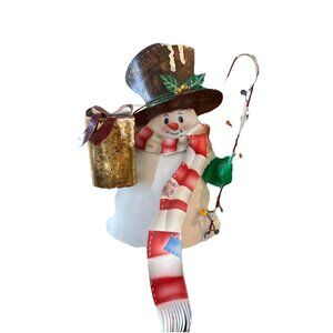 Hand Painted Metal Tea Light Snowman Holding Candy Cane-Unbranded 9”